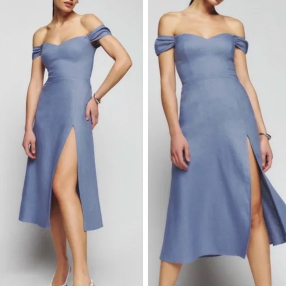 Reformation Off-Shoulder Midi Dress in Dusty Blue